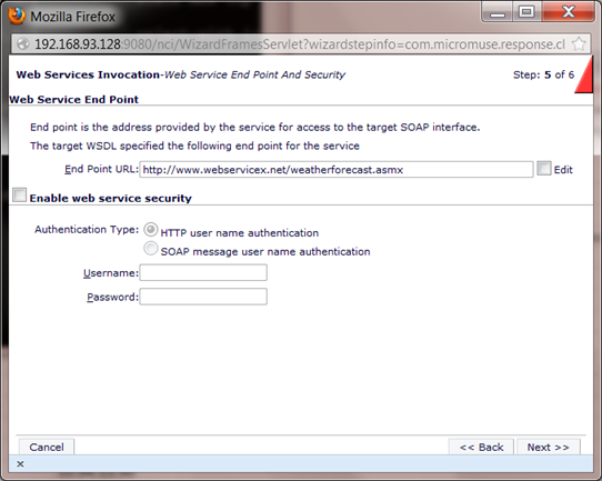 Netcool Impact Web Services Wizard Endpoint Screen