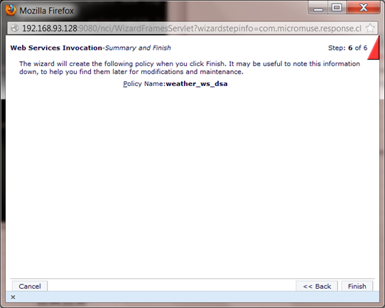 Netcool Impact Web Services Wizard End Screen